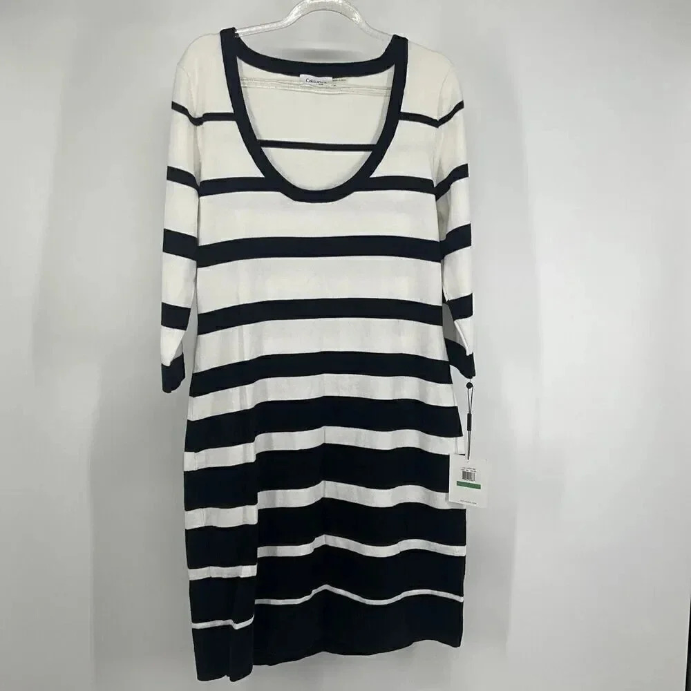 Calvin Klein Shirt Dress Size Large Midi‎ Stretch White Black Striped Scoop Neck